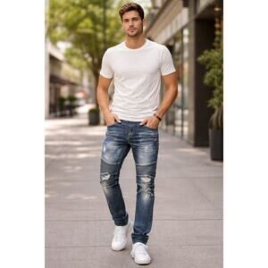 Embellish Men's Jeans Moto Biker Jeans 36 Distressed Zip Pocket Denim Streetwear